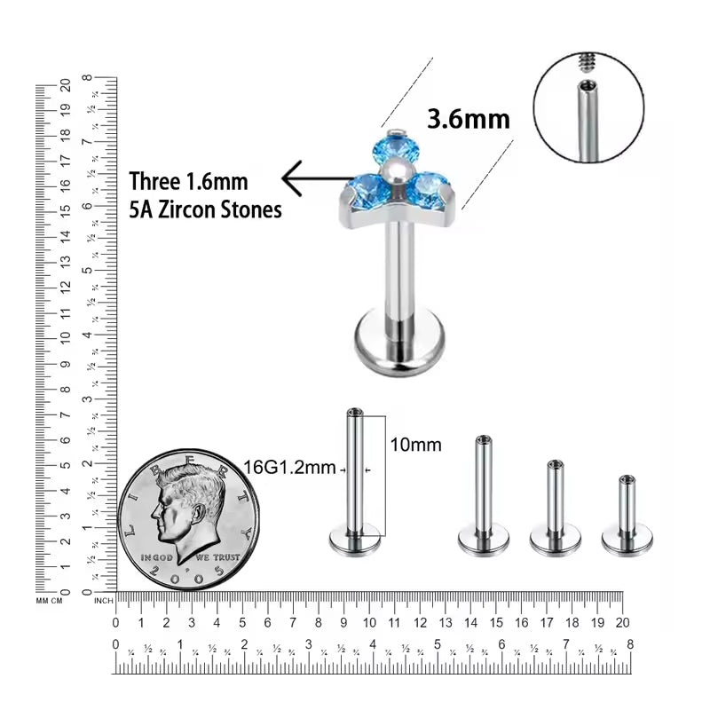 Natural Titanium 16G (1.2MM) Internally Threaded Trinity Piercing Stud