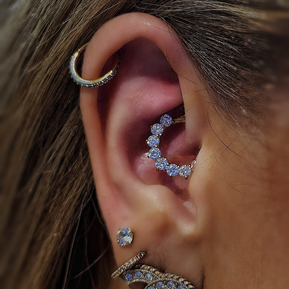 Titanium 8 Crystal Daith &amp; Septum Piercing Hoop 16G 8MM