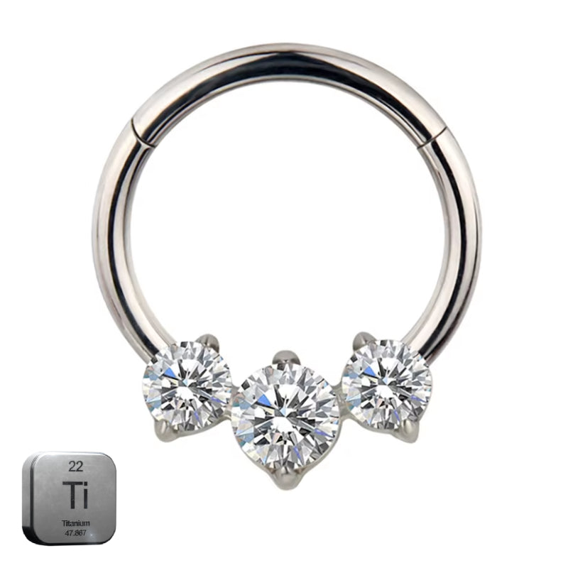 Natural Titanium 3 Round Crystal Daith &amp; Septum Piercing Hoop 16G 8MM