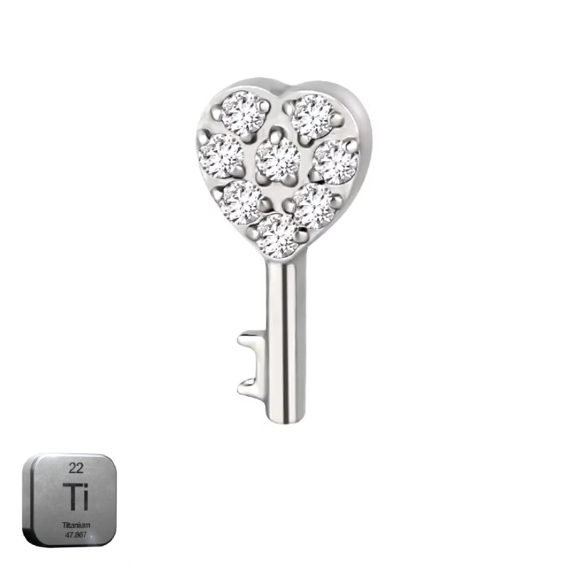 Natural  Titanium 16G (1.2MM) Internally Threaded Key Heart Piercing Stud