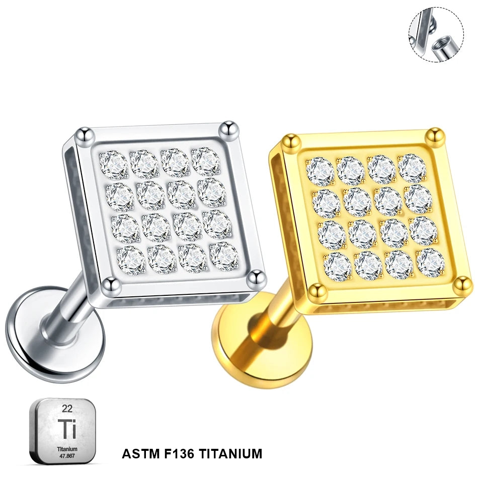ASTM F136 Titanium 16G (1.2MM) Internally Threaded Square Piercing Stud