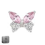 Natural Titanium 16G (1.2MM) Internally Threaded Pink Crystal Butterfly Labret Stud