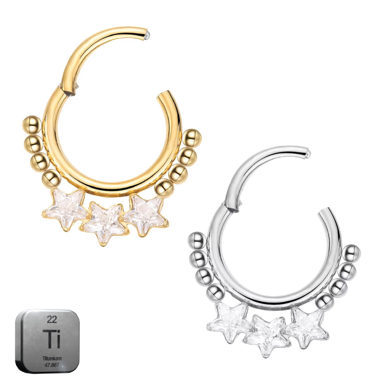 Titanium 3 Star Crystal Daith &amp; Septum Piercing Hoop 16G 10MM