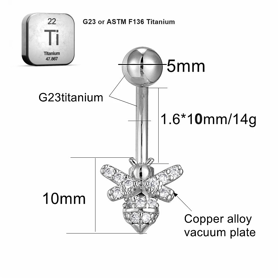 ASTM F136 Titanium 14G (1.6MM) Externally Threaded White Bee Shape Belly Button Piercing 12MM