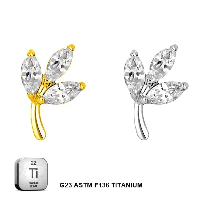 ASTM F136 Titanium 16G (1.2MM) Internally Threaded 3CZ Leaf Piercing Stud