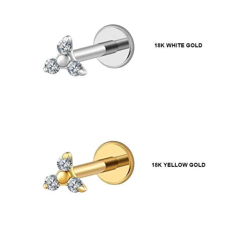 18k Gold Diamond Studded 16G (1.2MM) Internally Threaded Small Trinity Piercing Stud