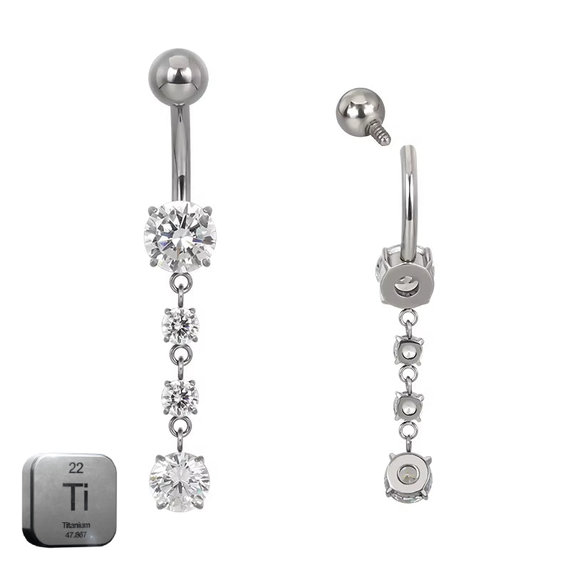 Premium Titanium Round Belly with Dangling Crystals Belly Ring | 14G (1.6MM) | 10MM Bar