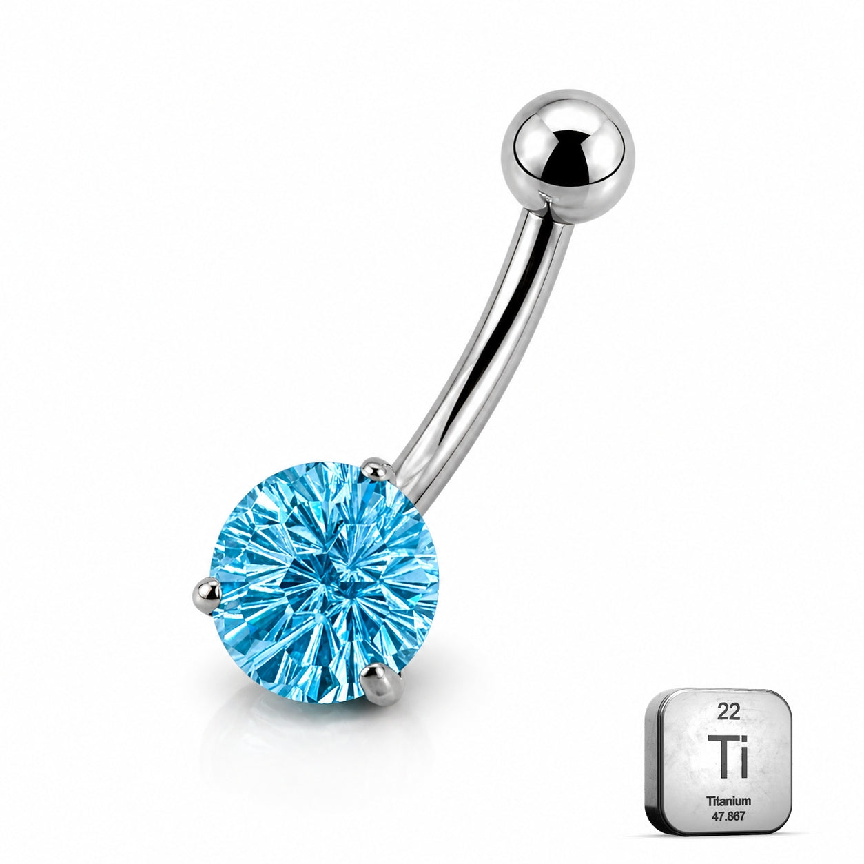 Titanium Belly Piercing with Aqua Blue CZ