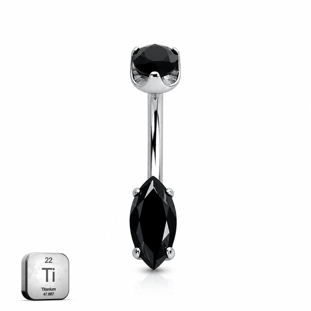 Titanium Belly Piercing – Black Marquise Stone