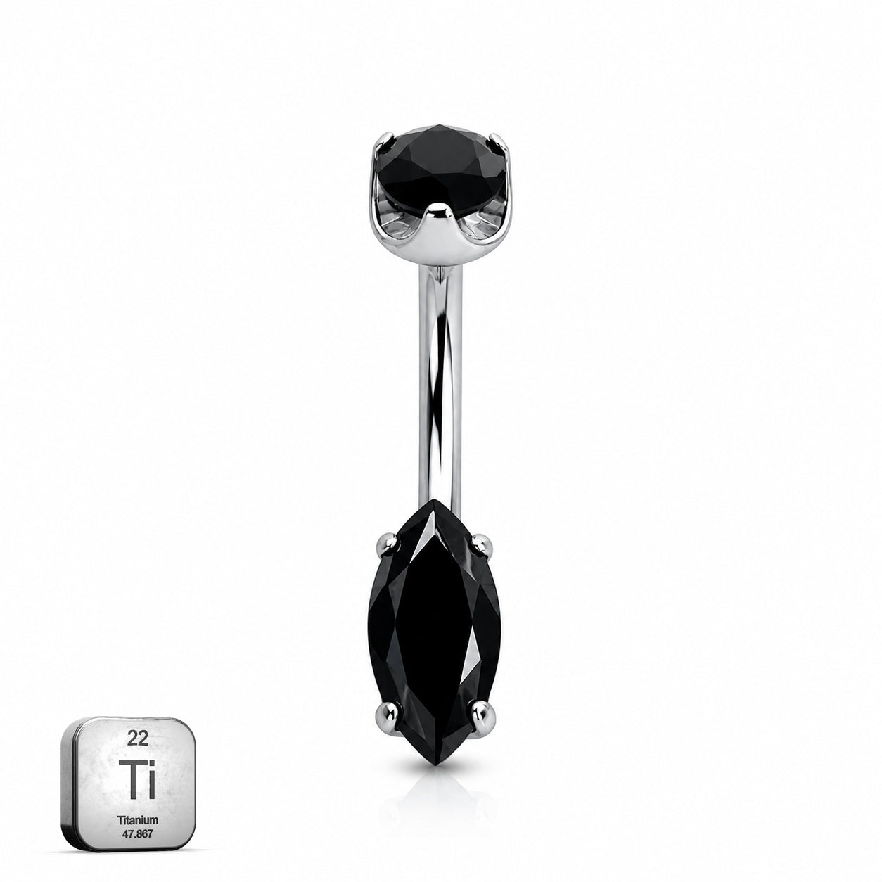 Titanium Belly Piercing – Black Marquise Stone