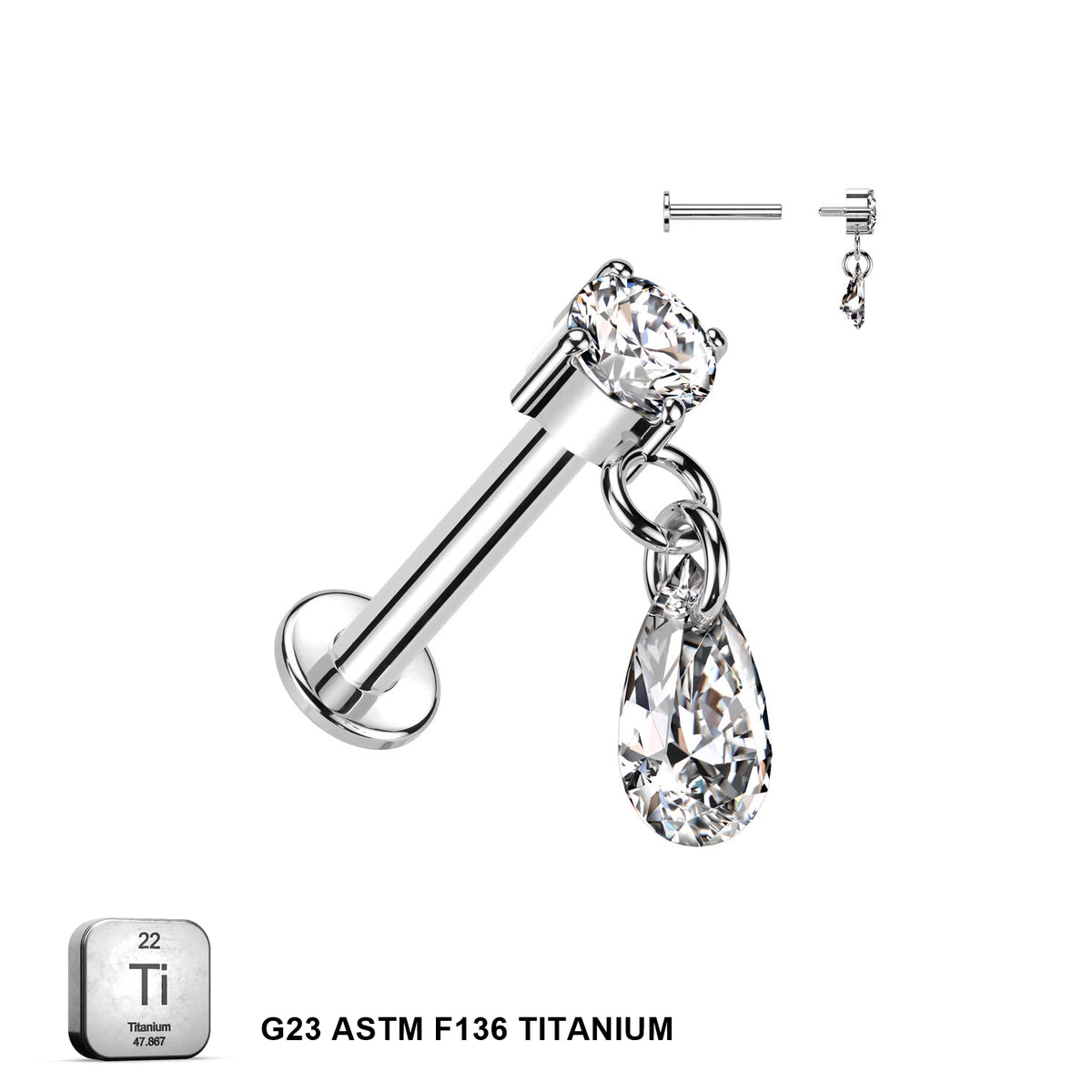 Titanium 16G (1.2mm) Internally Threaded Pear Drop Dangling Piercing Stud