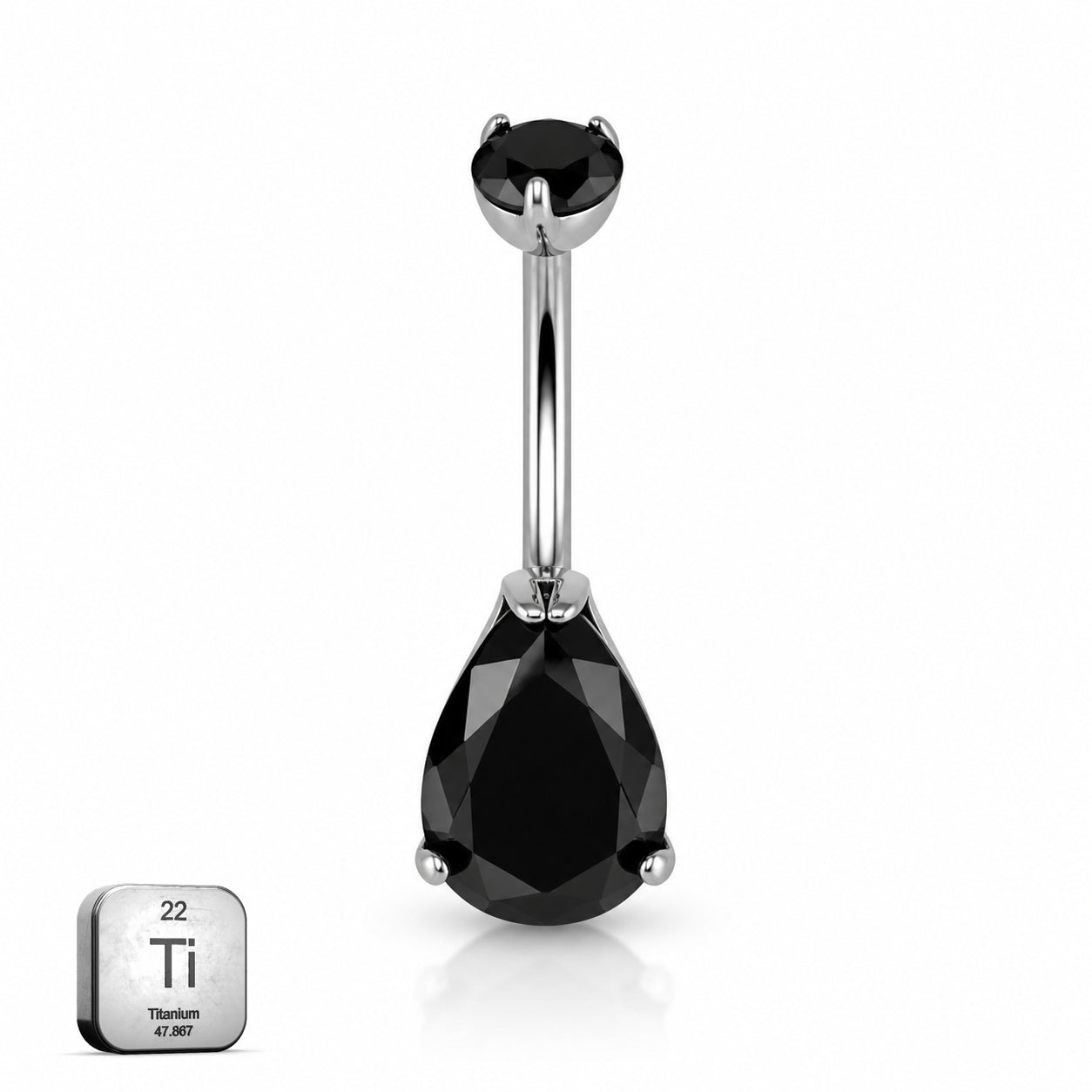 Titanium Belly Piercing – Black Teardrop CZ