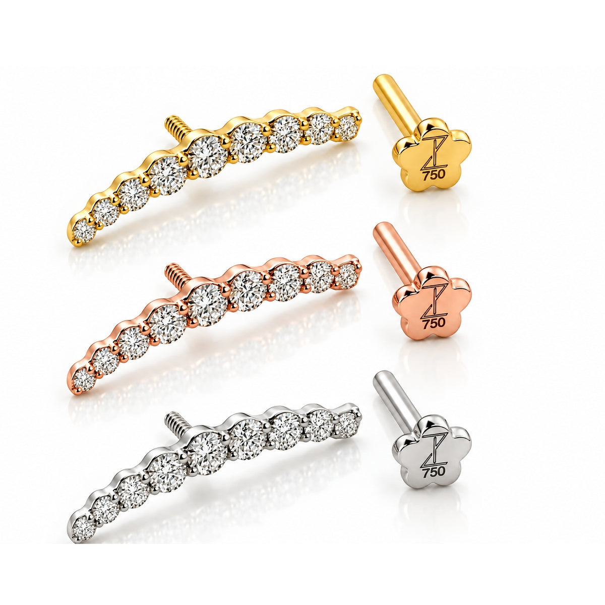 18K Gold Graduated Moissanite Curved Bar Piercing Stud