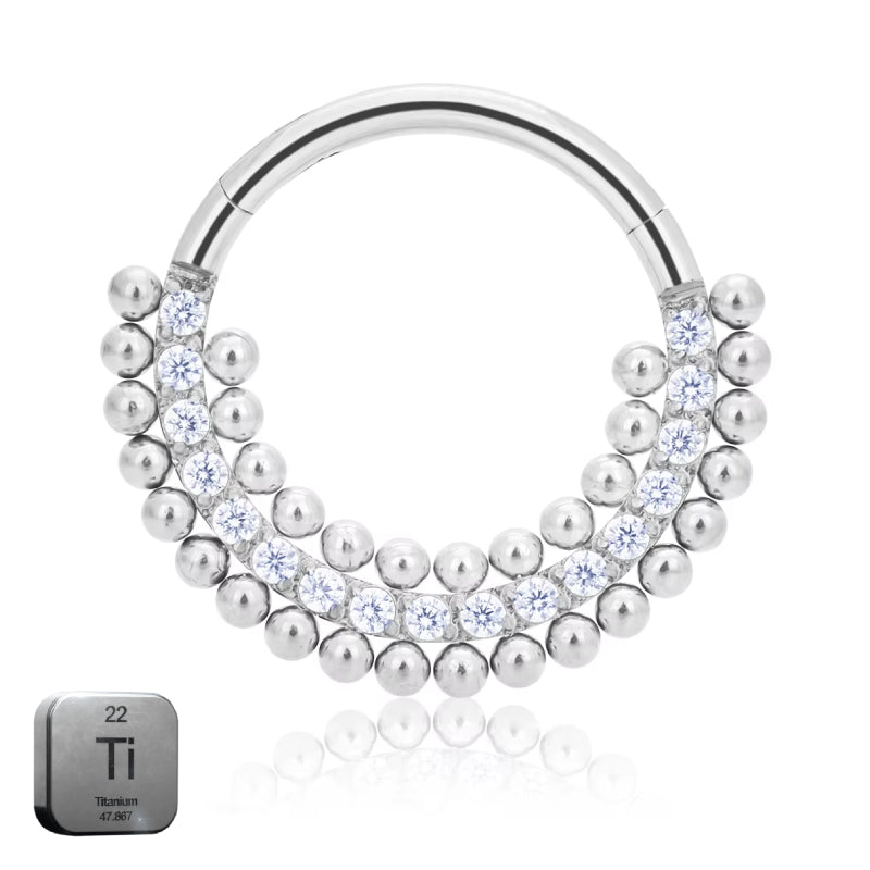 Natural Titanium Front Crystal Balls Daith &amp; Septum Piercing Hoop 16G 8MM