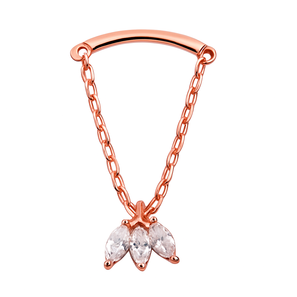 Triple Marquise Drop Chain – Hidden Helix Piercing in 14K Rose Gold with Threadless 18G Back Post