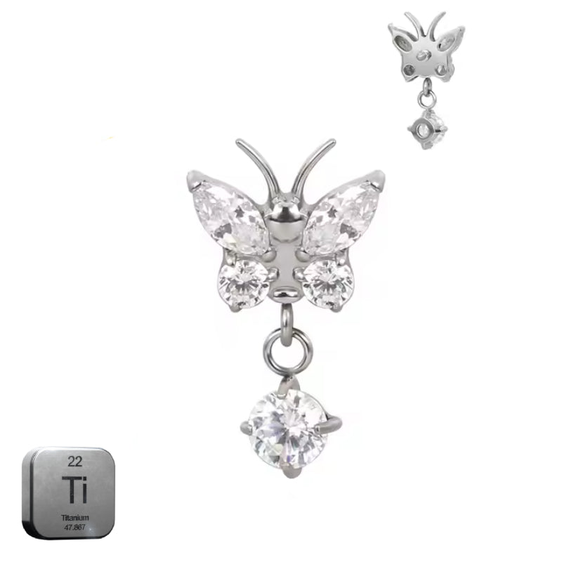 Natural Titanium 16G (1.2mm) Internally Threaded Butterfly Dangling Piercing Stud