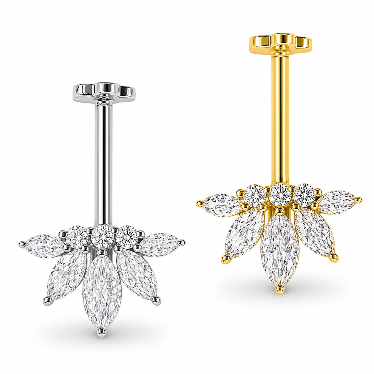 18K Gold Marquise Lotus Fan Vertical Helix (Bugadi) Stud