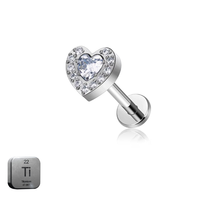 Natural  Titanium 16G (1.2MM) Internally Threaded Heart Crystal Piercing Stud