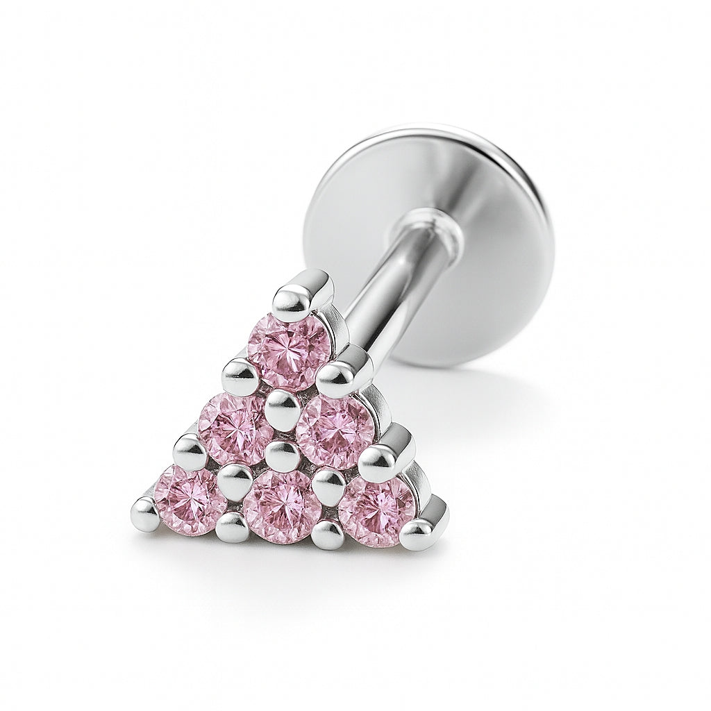 18K White Gold Pink CZ Triangle Stud – Internally Threaded (Sold Per Piece)