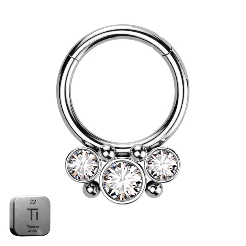 Natural Titanium 3 Round Crystal Daith &amp; Septum Piercing Hoop 16G 8MM