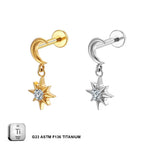 Titanium 16G (1.2mm) Internally Threaded Moon Star Dangling Piercing Stud
