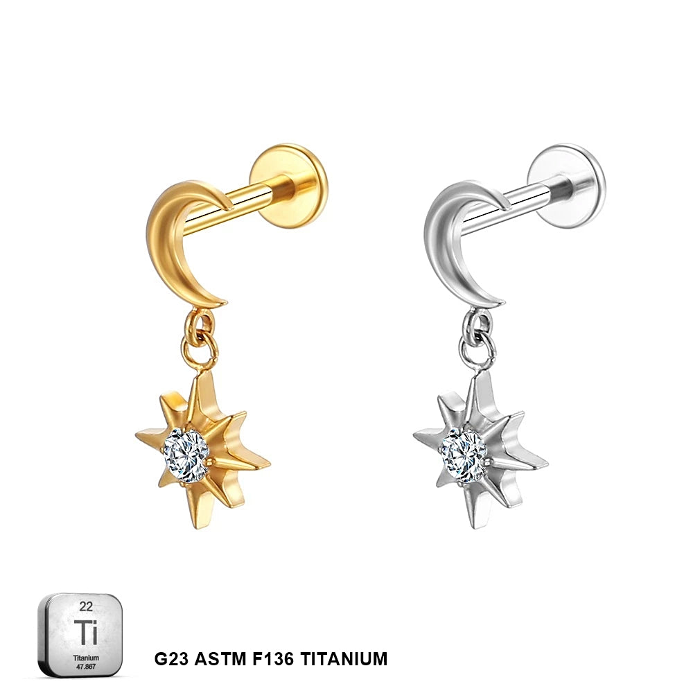 Titanium 16G (1.2mm) Internally Threaded Moon Star Dangling Piercing Stud