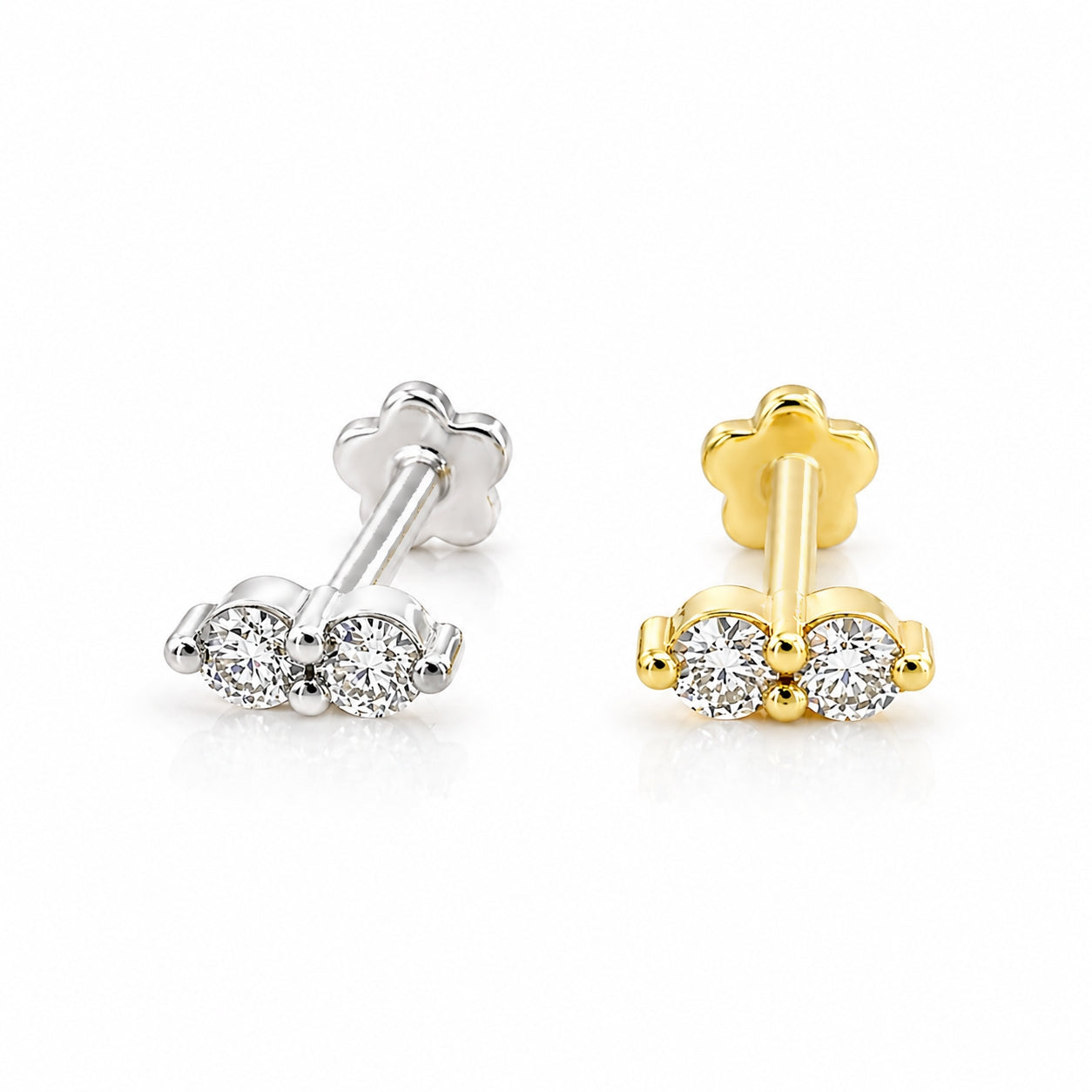 18K Solid Gold Dual Moissanite Flat Back Stud 