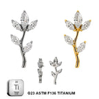 ASTM F136 Titanium 16G (1.2MM) Internally Threaded 5CZ Leaf Piercing Stud
