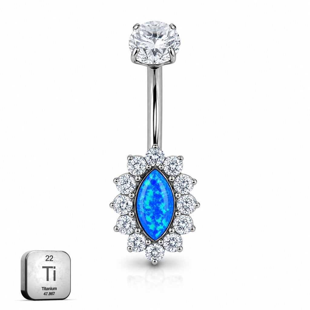Titanium Halo Belly Piercing – Blue Opal Marquise