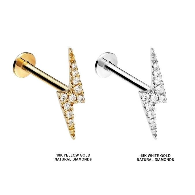 18k Gold Natural Diamond Studded 16G (1.2MM) Internally Threaded Lightning Bolt Stud