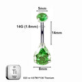 ASTM F136 Titanium 14G (1.6MM) Internally Threaded Green Water Drop Belly Button Piercing 14MM