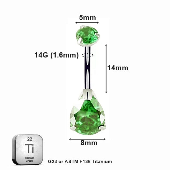 ASTM F136 Titanium 14G (1.6MM) Internally Threaded Green Water Drop Belly Button Piercing 14MM
