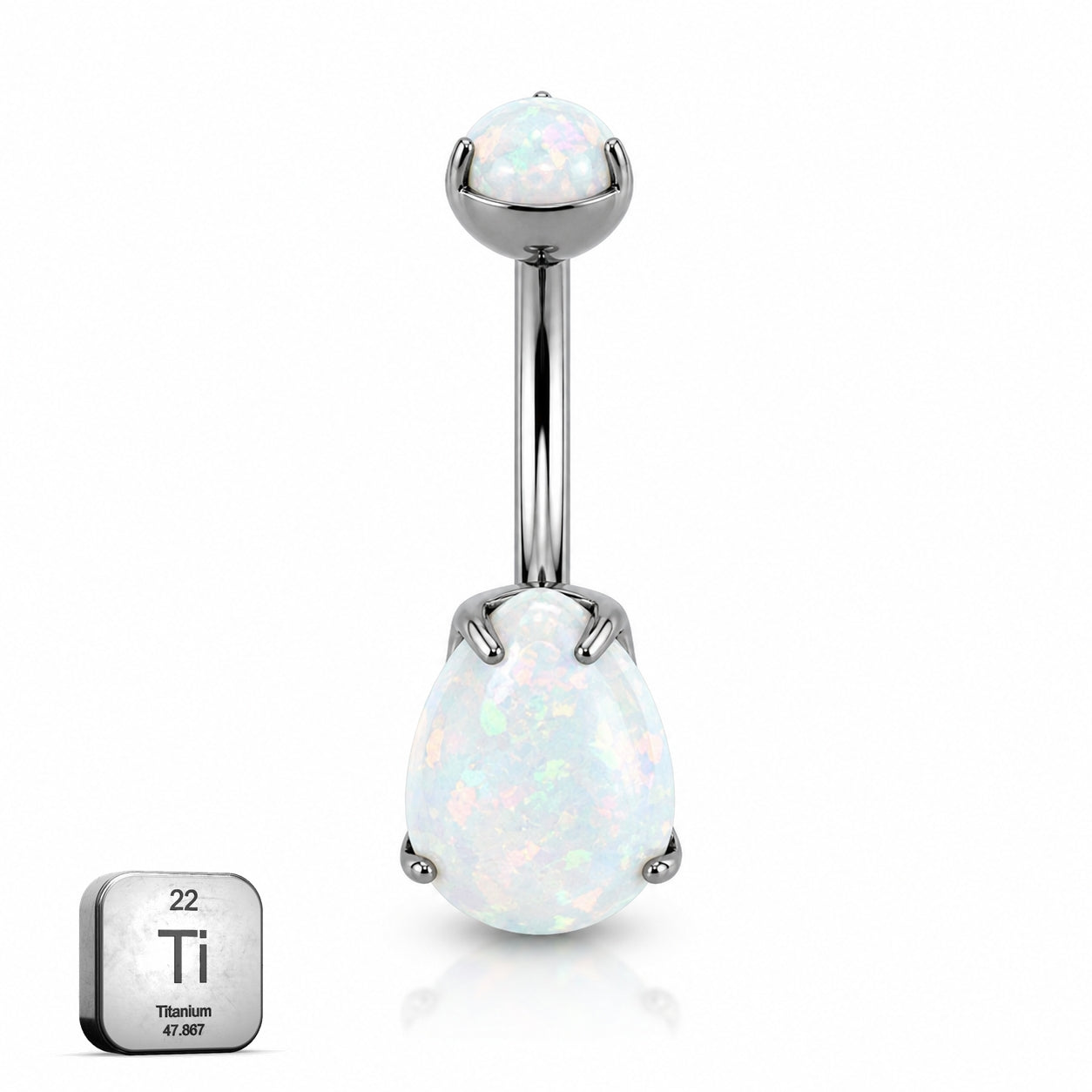 Titanium Belly Piercing – White Opal Teardrop