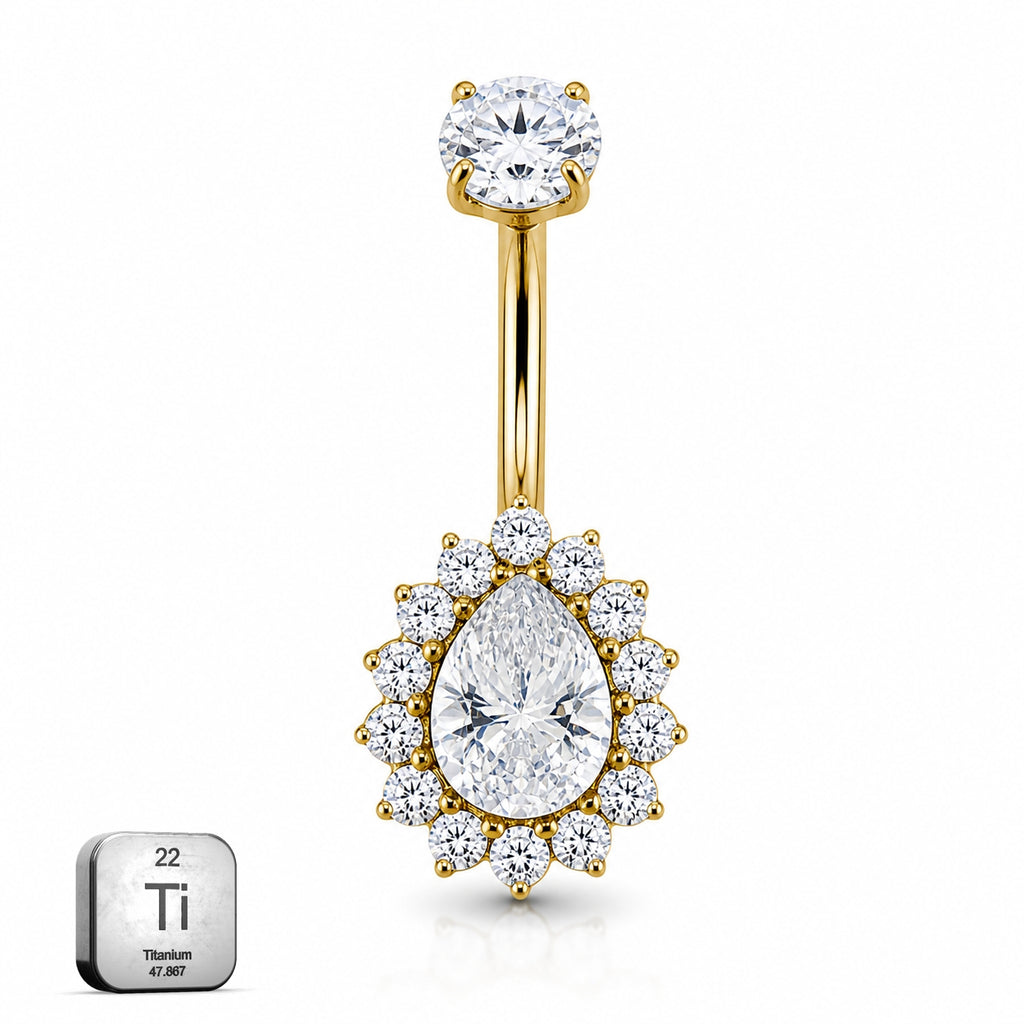 Titanium Gold Belly Piercing – Teardrop Halo CZ