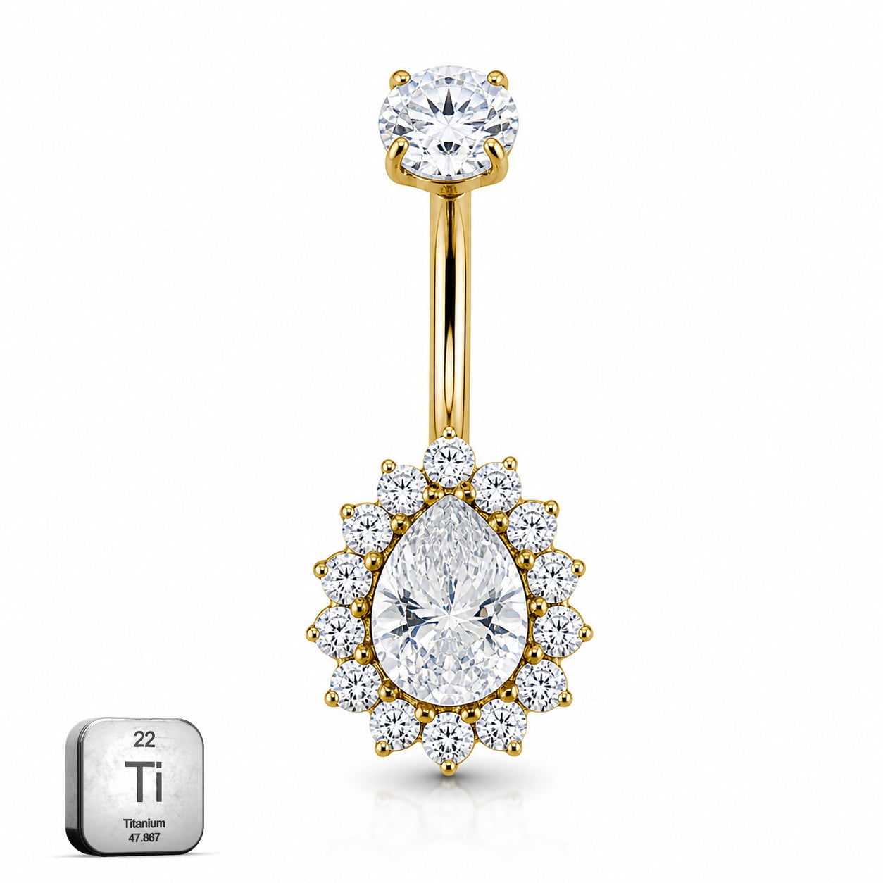 Titanium Gold Belly Piercing – Teardrop Halo CZ