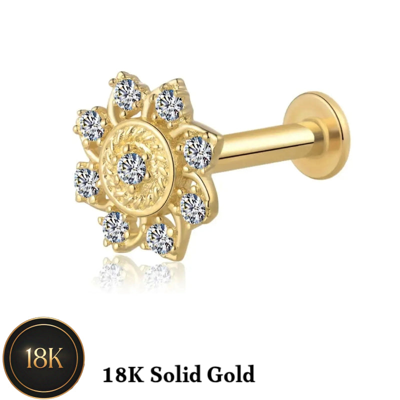 18K Solid Gold 16G Internally Threaded Flat Back Sunflower Stud