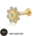 18K Solid Gold 16G Internally Threaded Flat Back Sunflower Stud