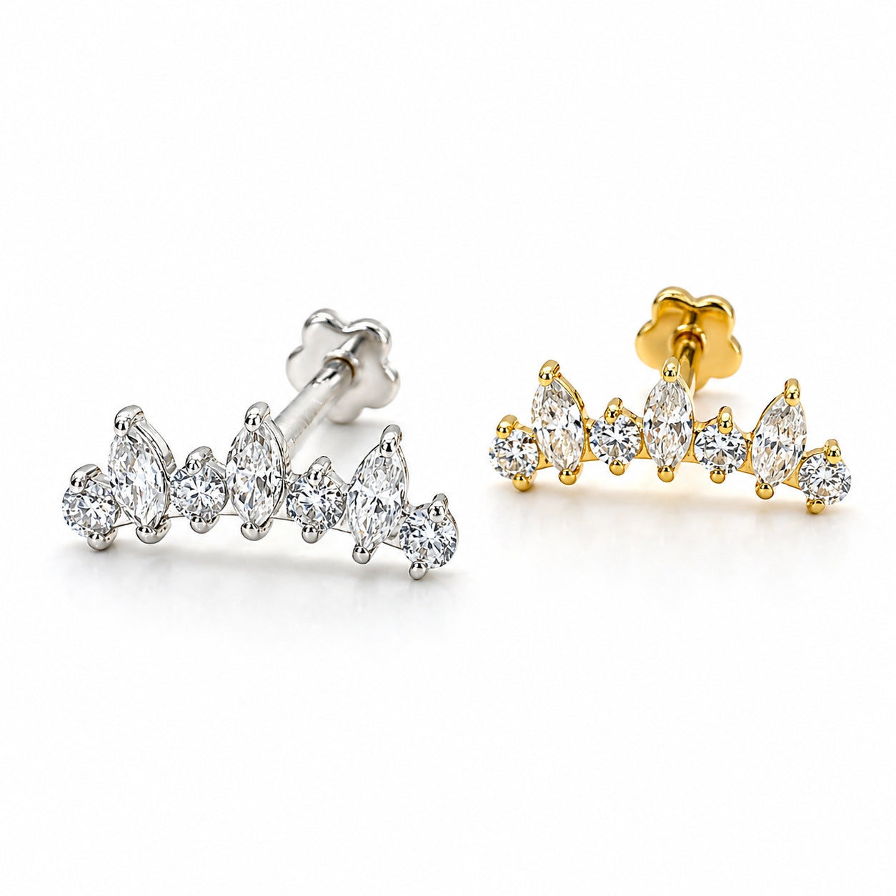 18K Solid Gold Marquise Crown Flat Back Stud with Moissanite