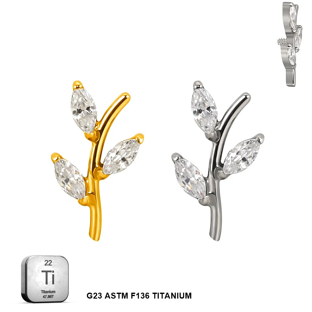 ASTM F136 Titanium 16G (1.2MM) Internally Threaded 3CZ Leaf Piercing Stud