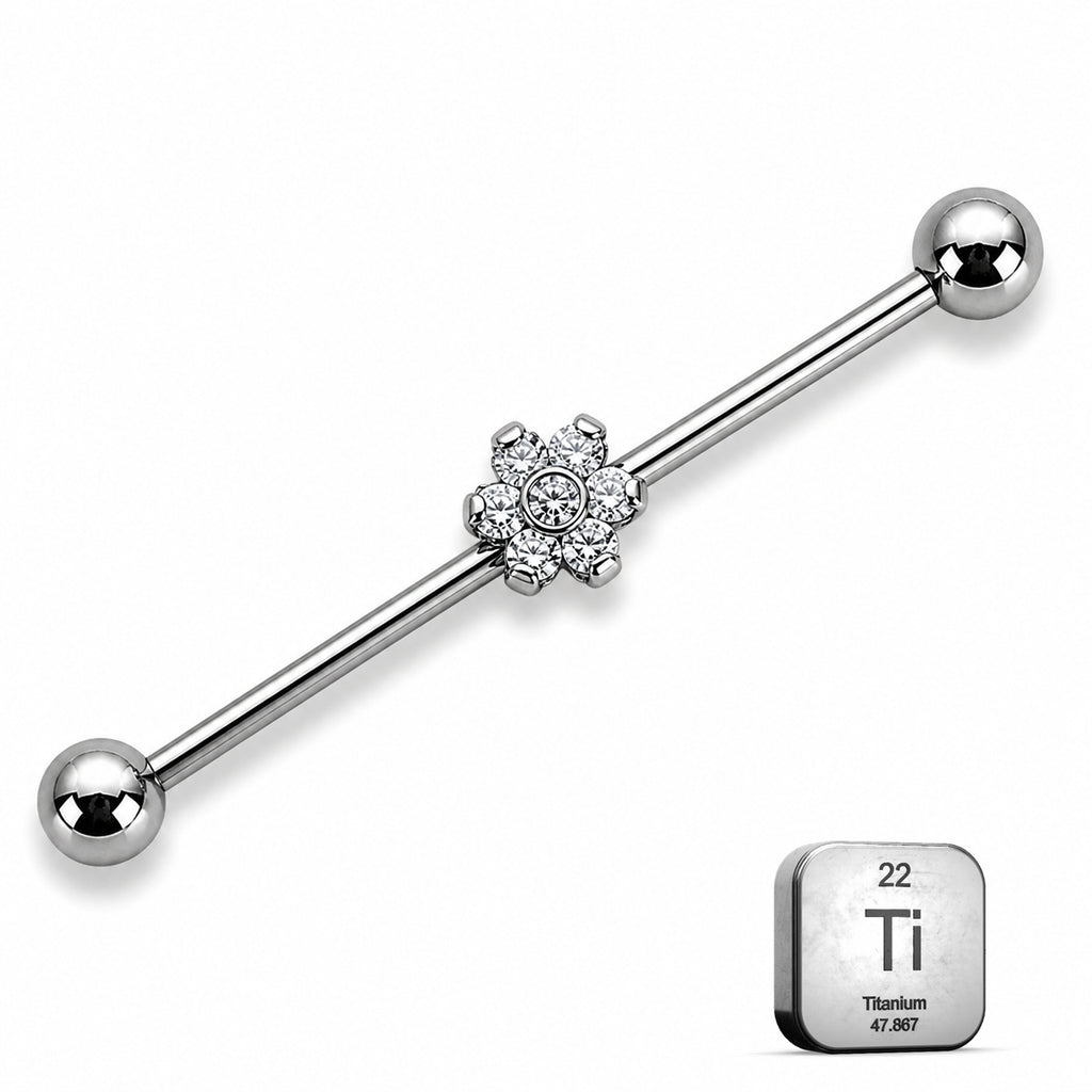  Titanium Industrial Piercing Bar – Floral CZ Centre 
