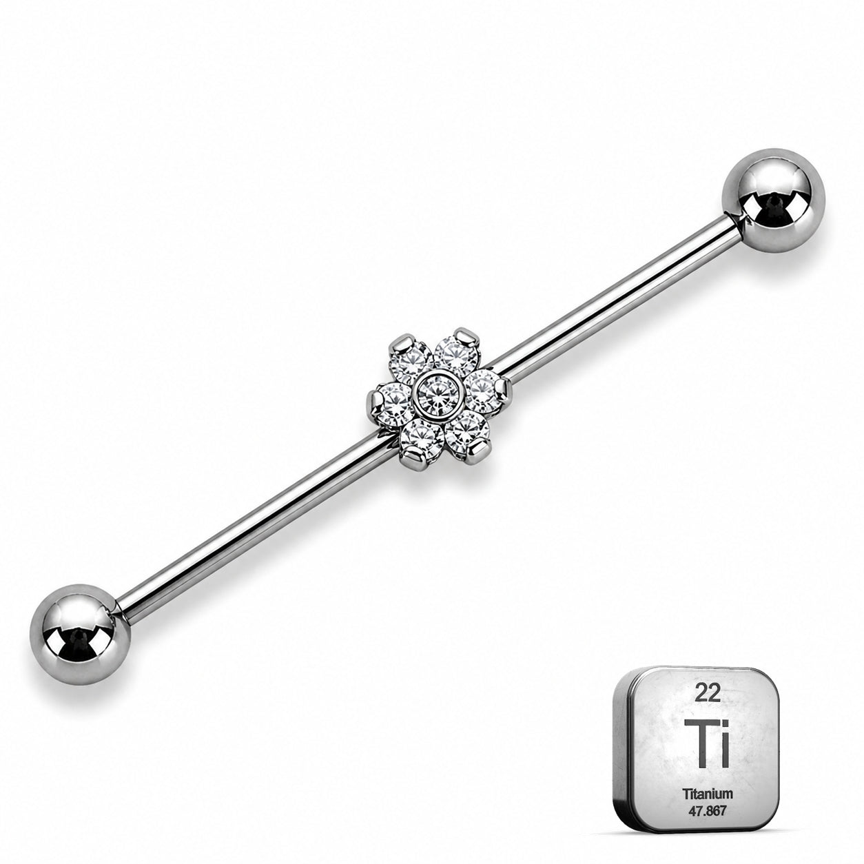  Titanium Industrial Piercing Bar – Floral CZ Centre 