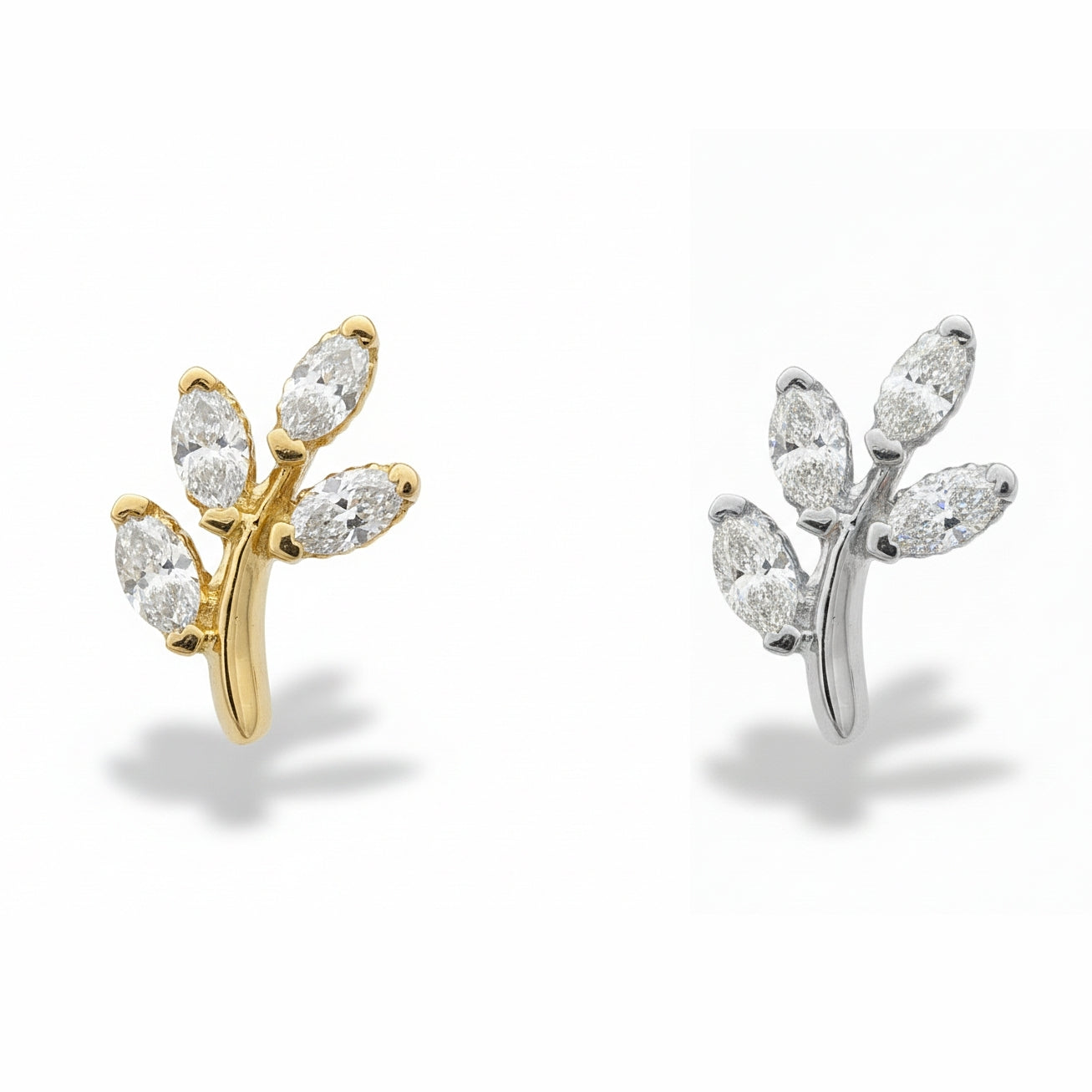 18K Gold Leaf Marquise Natural Diamond Stud (Right &amp; Left)
