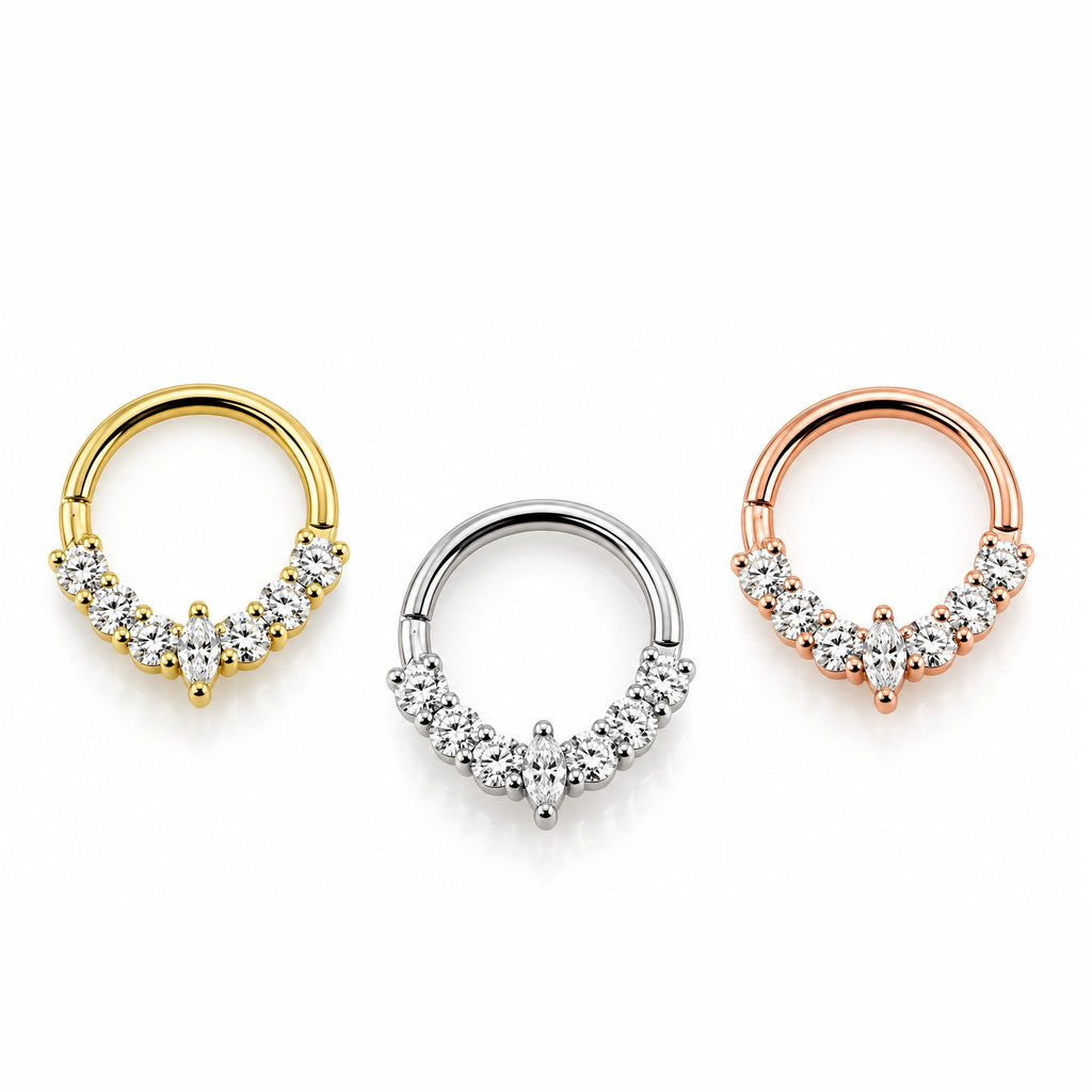 18K Gold Moissanite Marquise Crown 9mm Daith & Septum Ring