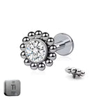 Natural Titanium 16G (1.2MM) Internally Threaded Round Dotted Crystal Piercing Stud