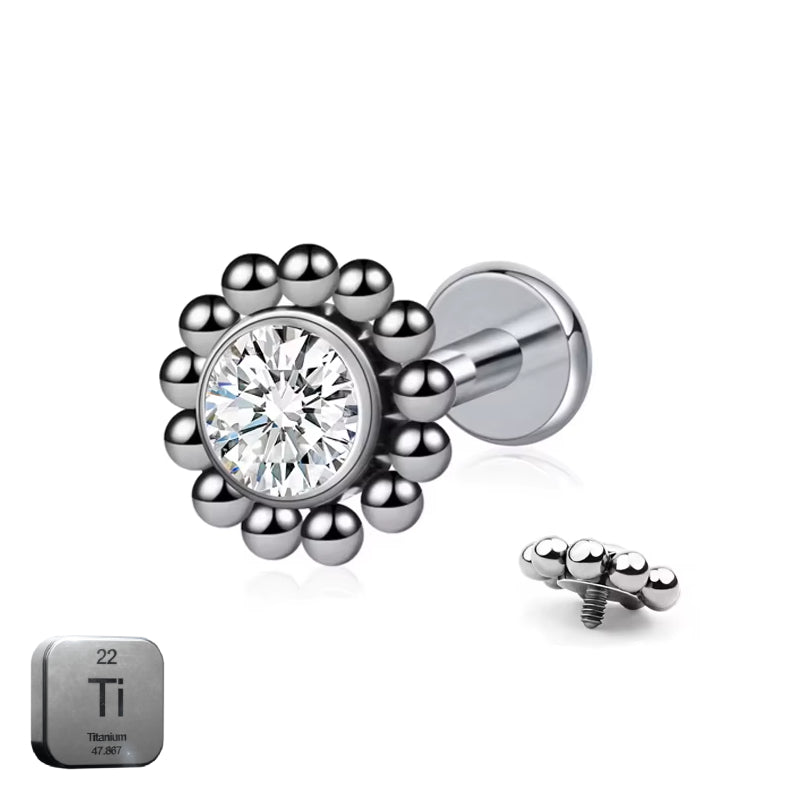 Natural Titanium 16G (1.2MM) Internally Threaded Round Dotted Crystal Piercing Stud