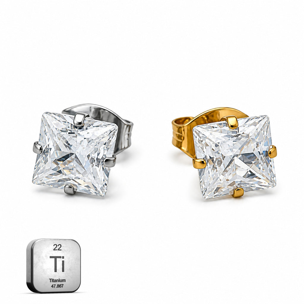 Princess Cut Titanium Stud Earrings – 20G Butterfly Back