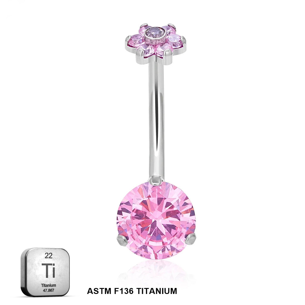 Titanium 14G (1.6MM) Internally Threaded Round Cut Pink Belly Piercing 12MM