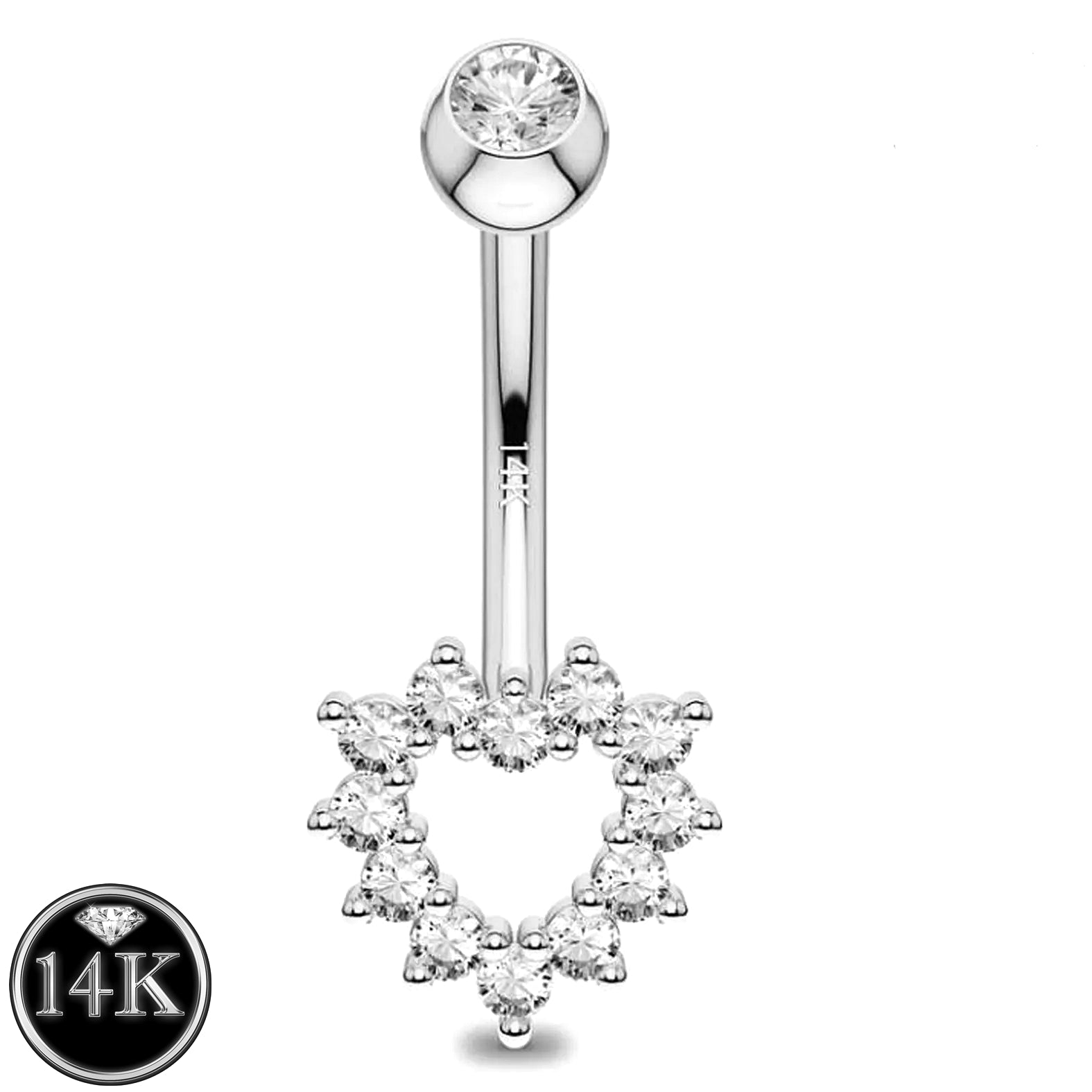 14K Solid White Gold Heart Belly Button Ring