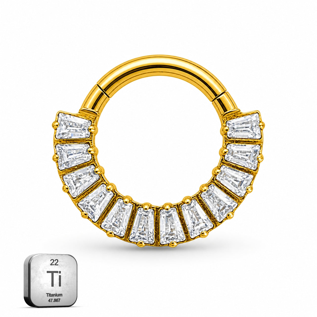 Luxury Baguette CZ Titanium Clicker Ring – Gold Finish (8mm)