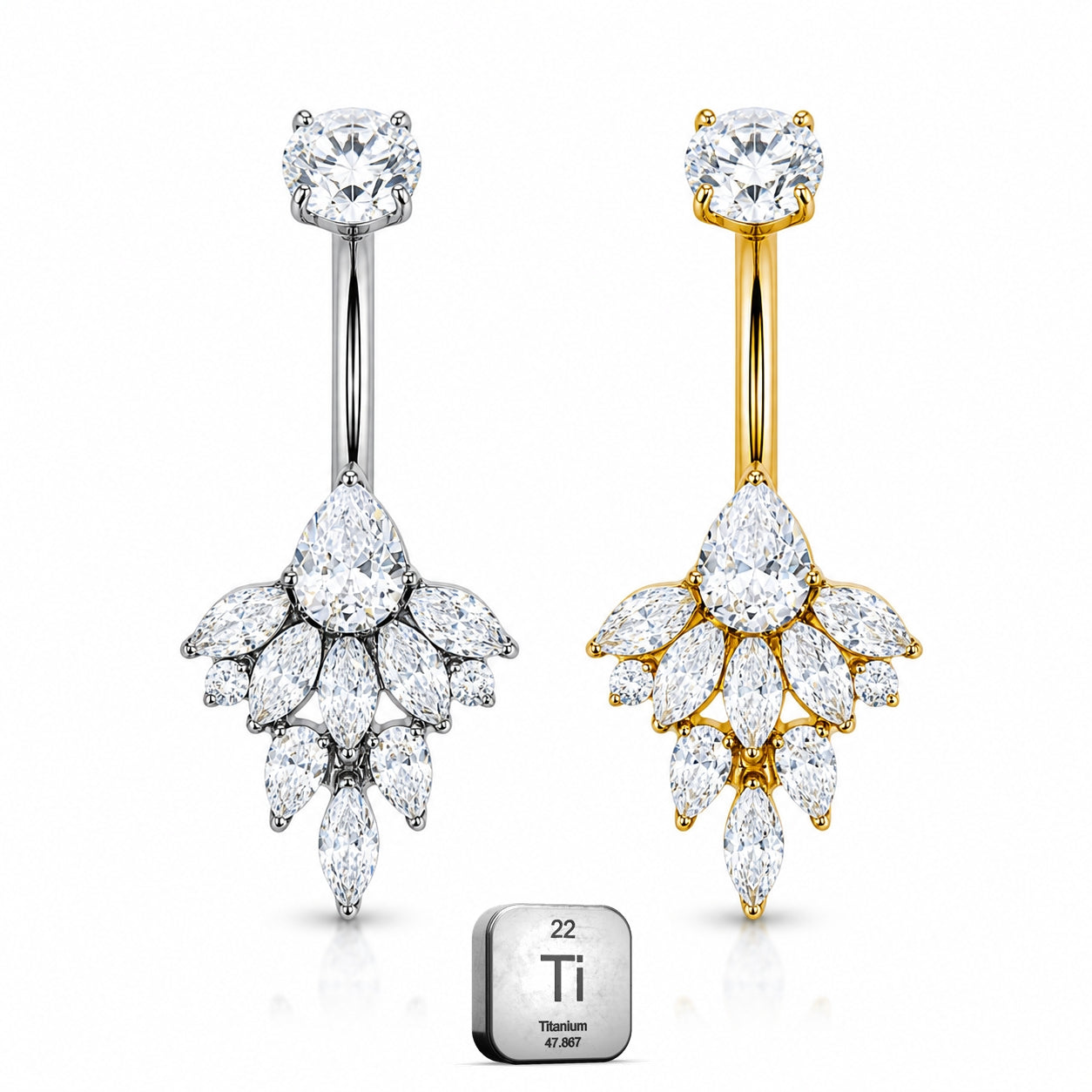 Titanium Belly Piercing – Leaf Cluster CZ Drop